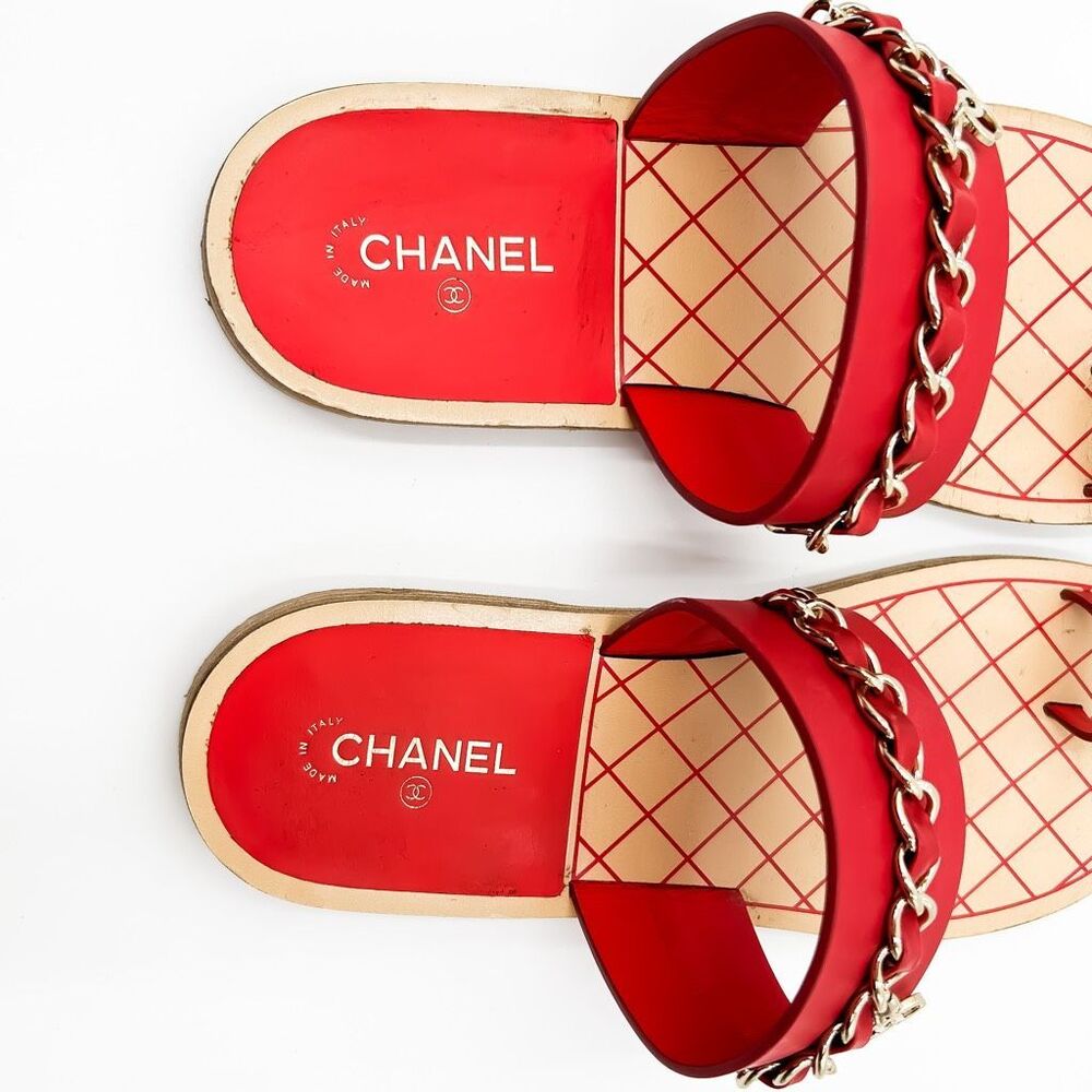 Chanel CC Logo Sandals Chain Leather Flats Size Eu 38.5, US 7.5-8 - Picture 6 of 14